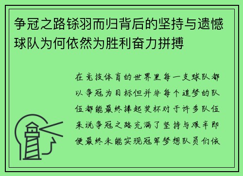 争冠之路铩羽而归背后的坚持与遗憾球队为何依然为胜利奋力拼搏