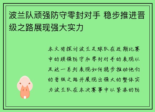 波兰队顽强防守零封对手 稳步推进晋级之路展现强大实力