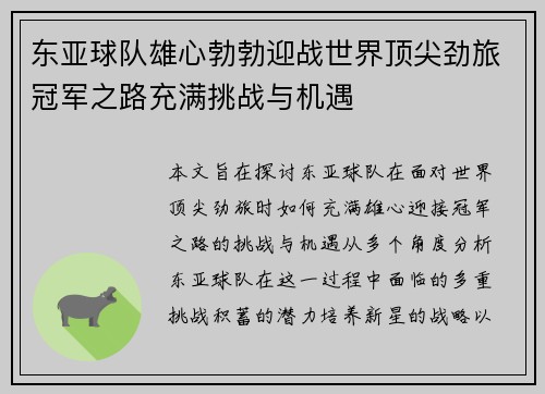 东亚球队雄心勃勃迎战世界顶尖劲旅冠军之路充满挑战与机遇