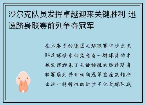 沙尔克队员发挥卓越迎来关键胜利 迅速跻身联赛前列争夺冠军